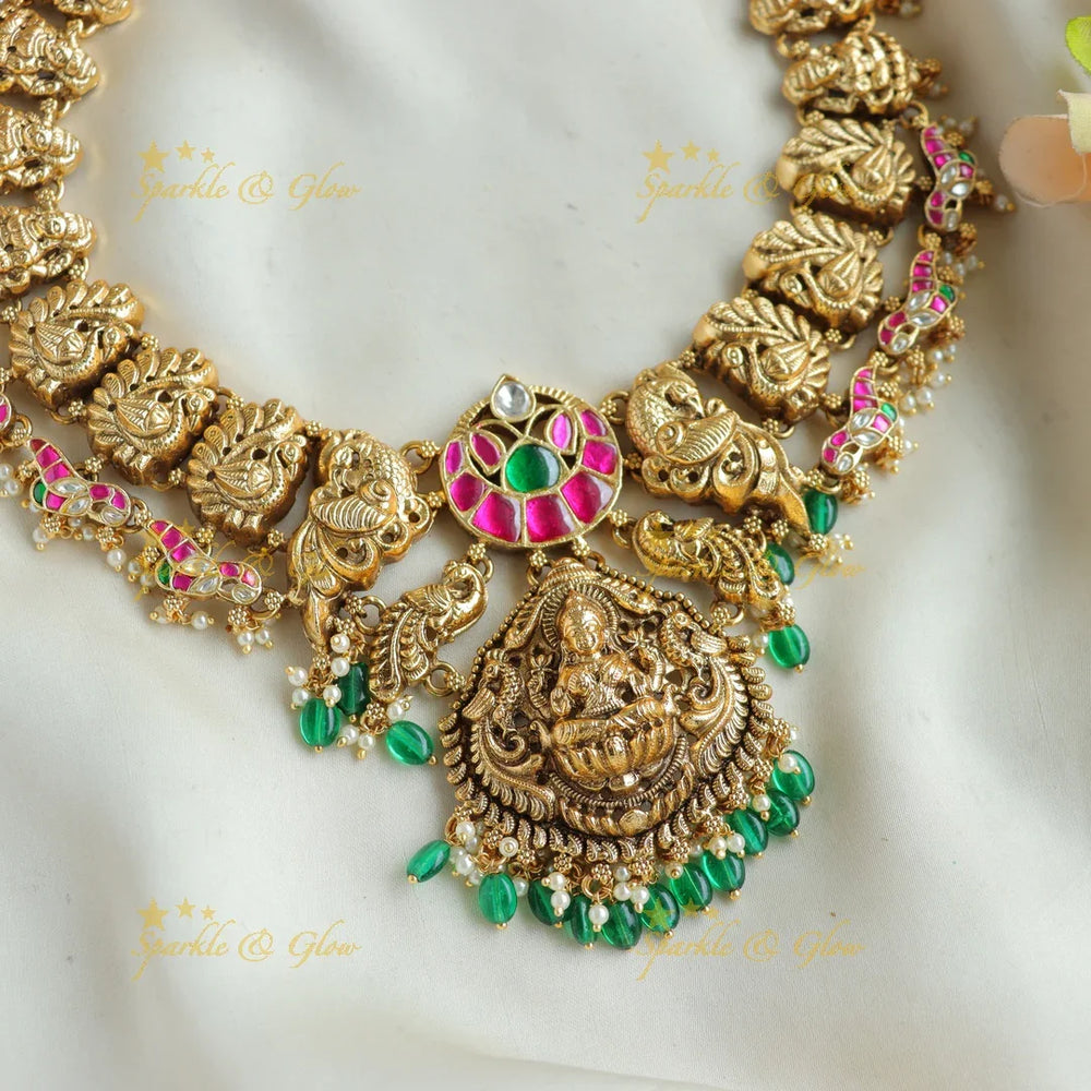 Exclusive Lakshmi peacock jadau short necklace with pearls and green beads - Sparkle and Glow