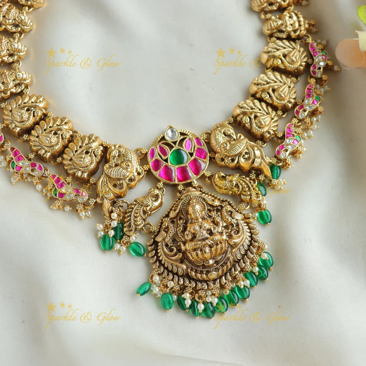 Exclusive Lakshmi peacock jadau short necklace with pearls and green beads - Sparkle and Glow
