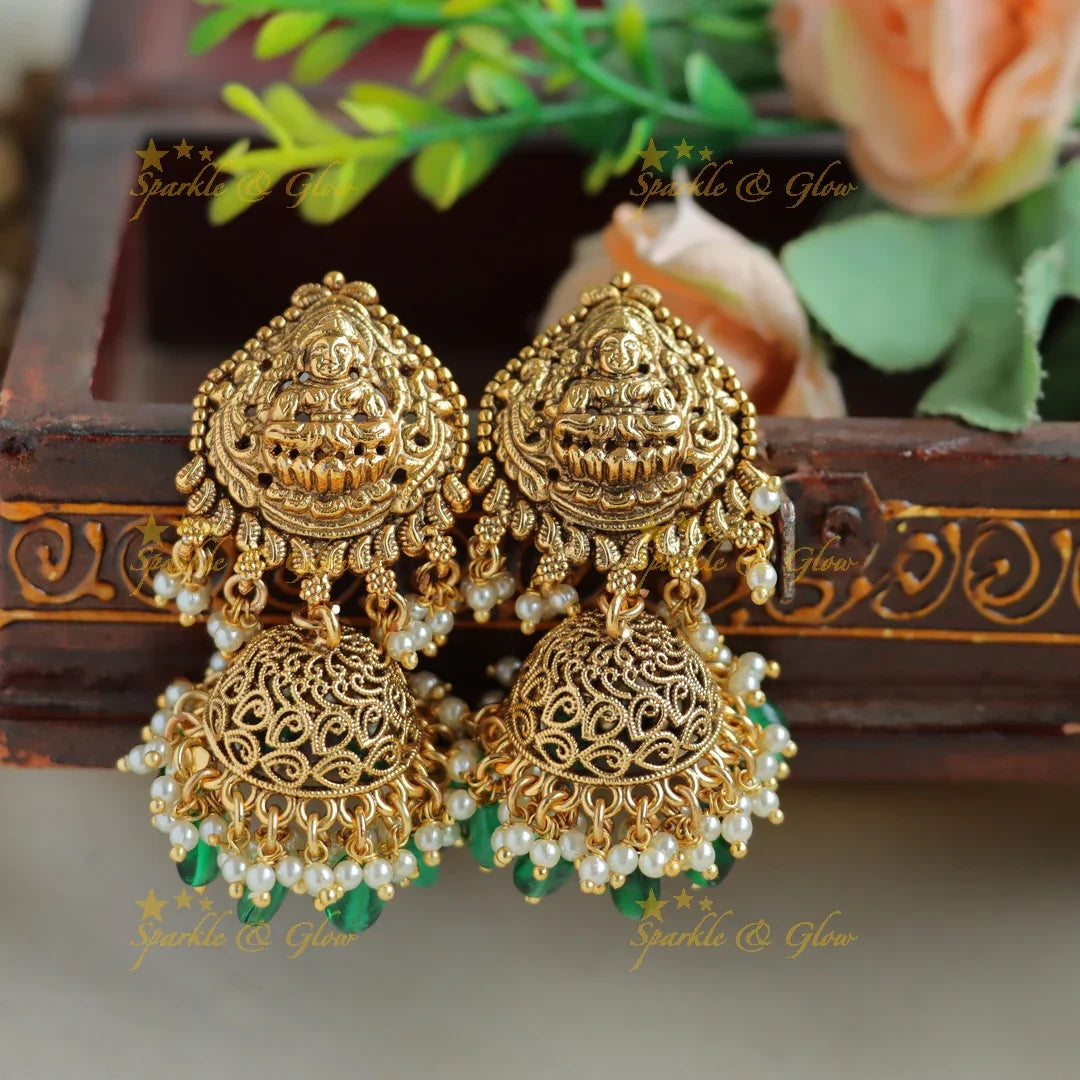 Exclusive Lakshmi peacock jadau short necklace with pearls and green beads - Sparkle and Glow