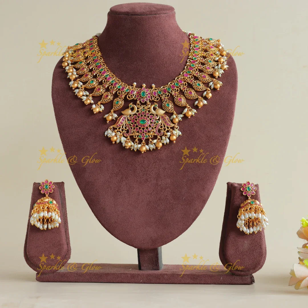 Stunning Peacock mango short necklace with ruby emerald rice pearls and gold beads - Sparkle and Glow