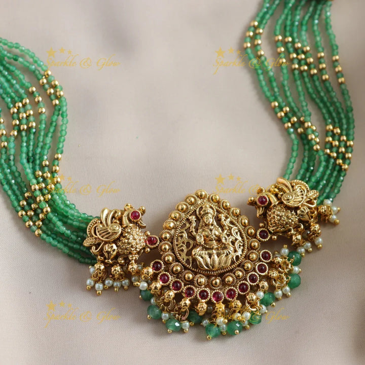 Statement Lakshmi Peacock carved choker with ruby, multi layer gold and mint green beads - Sparkle and Glow
