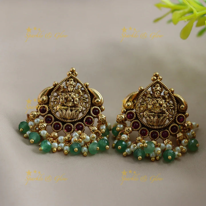 Statement Lakshmi Peacock carved choker with ruby, multi layer gold and mint green beads - Sparkle and Glow