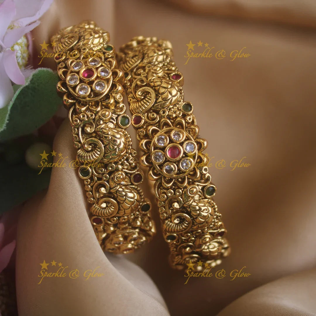 Exclusive Floral peacock design bangles with multi colour stones a pair, - Sparkle and Glow