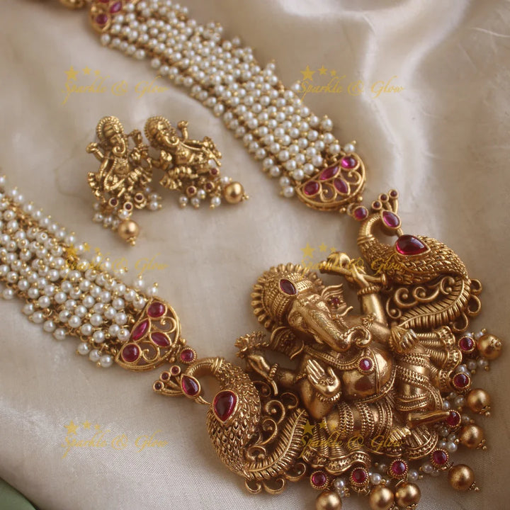 Gorgeous Ganesha peacock carved cluster pearl long necklace with ruby stones and gold beads - Sparkle and Glow