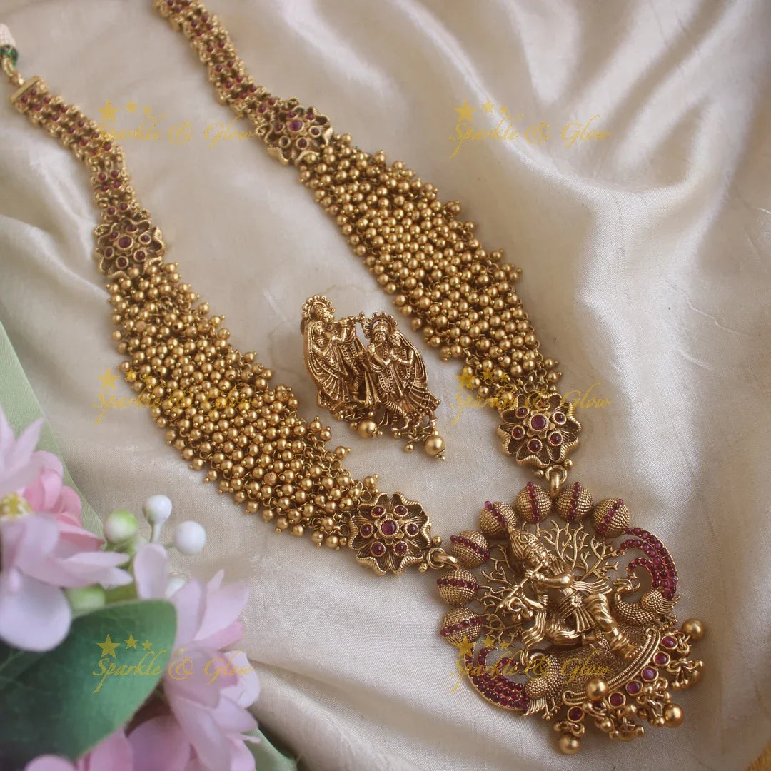 Exclusive Krishna playing flute carved cluster gold long necklace with ruby stones and gold beads - Sparkle and Glow