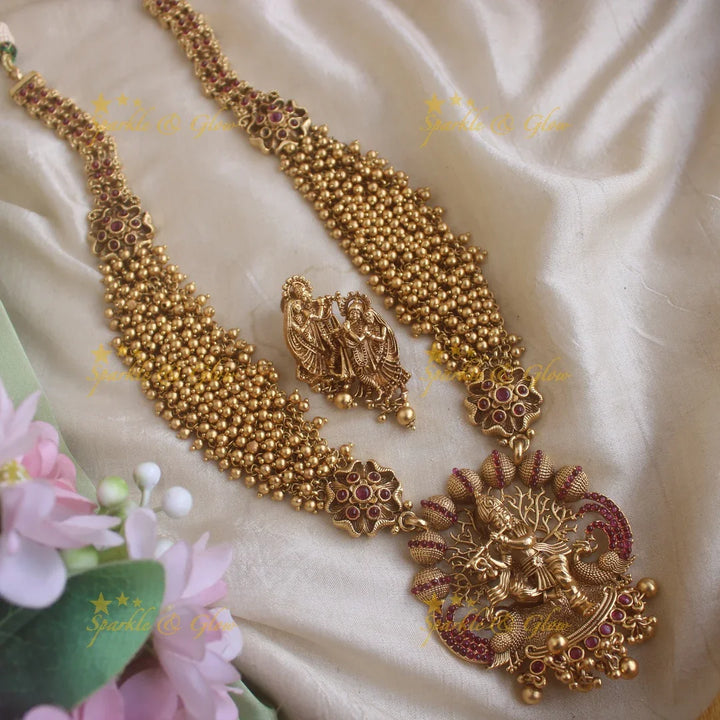 Exclusive Krishna playing flute carved cluster gold long necklace with ruby stones and gold beads - Sparkle and Glow