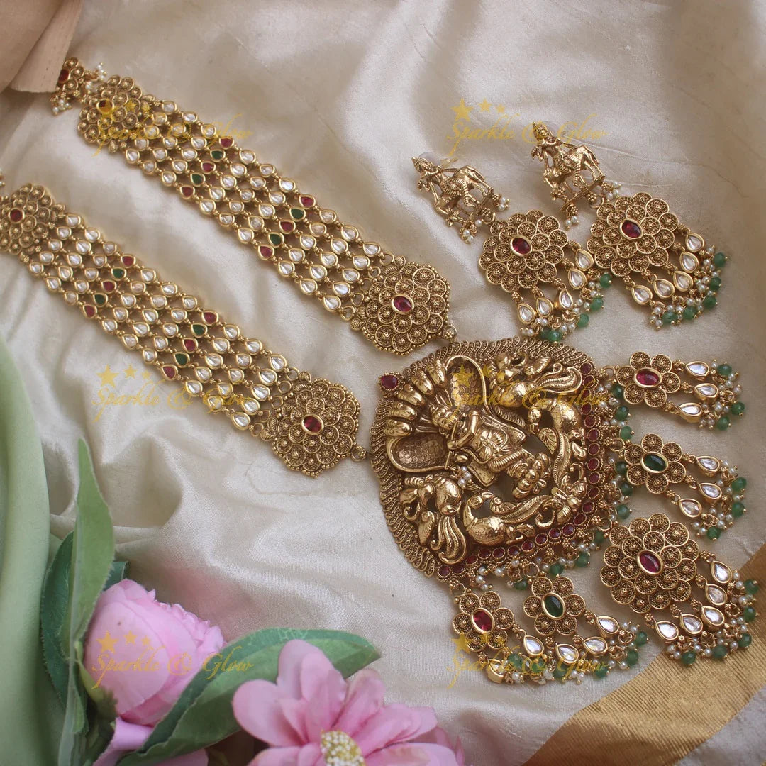 Beautiful Krishna playing flute and floral design kundan haram with pearls and green beads - Sparkle and Glow