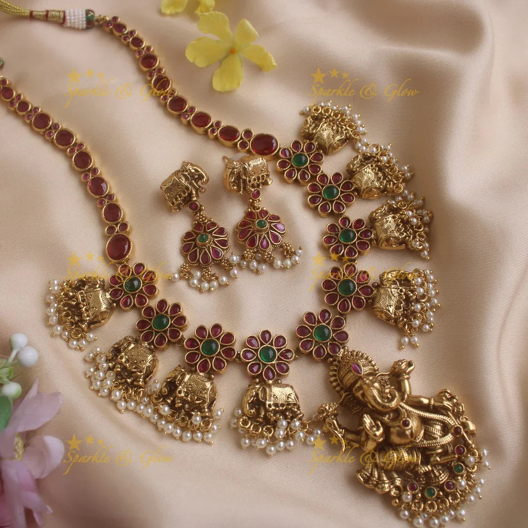 Exclusive Kemp Floral and Idol Ganesha carved short necklace with pearls-Multi-Pearl - Sparkle and Glow