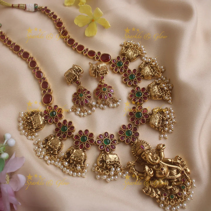 Exclusive Kemp Floral and Idol Ganesha carved short necklace with pearls-Multi-Pearl - Sparkle and Glow