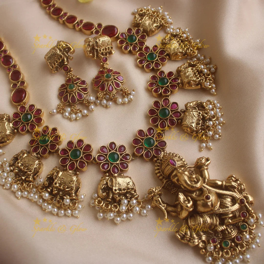 Exclusive Kemp Floral and Idol Ganesha carved short necklace with pearls-Multi-Pearl - Sparkle and Glow