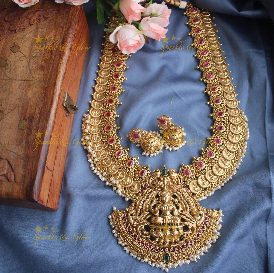 Gold alike polished statement lakshmi coin haram with pearl drops - Sparkle and Glow