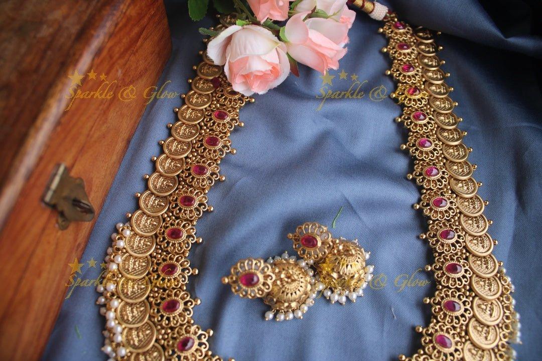 Gold alike polished statement lakshmi coin haram with pearl drops - Sparkle and Glow