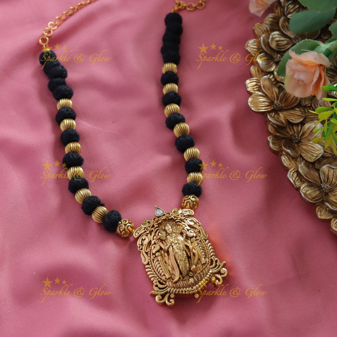 Exclusive Vishnu carved pendant black thread short necklace with gold beads and stones
