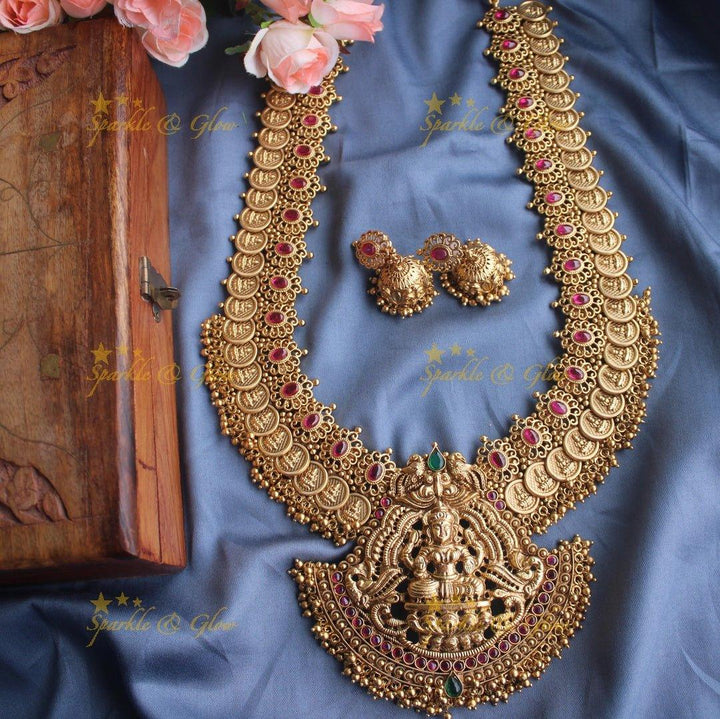 Gold alike polished statement lakshmi coin haram with pearl drops - Sparkle and Glow