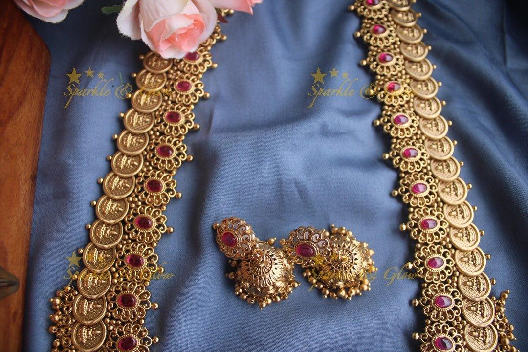 Gold alike polished statement lakshmi coin haram with pearl drops - Sparkle and Glow