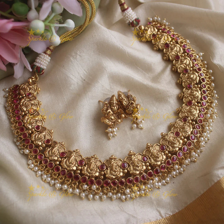 Beautiful Idol Ganesha design Kemp short necklace with Pearls - Sparkle and Glow