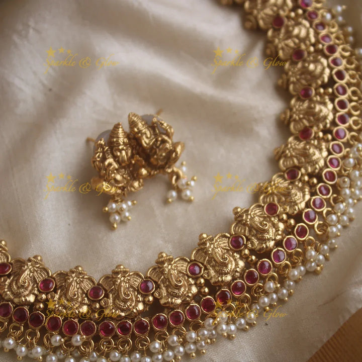 Beautiful Idol Ganesha design Kemp short necklace with Pearls - Sparkle and Glow