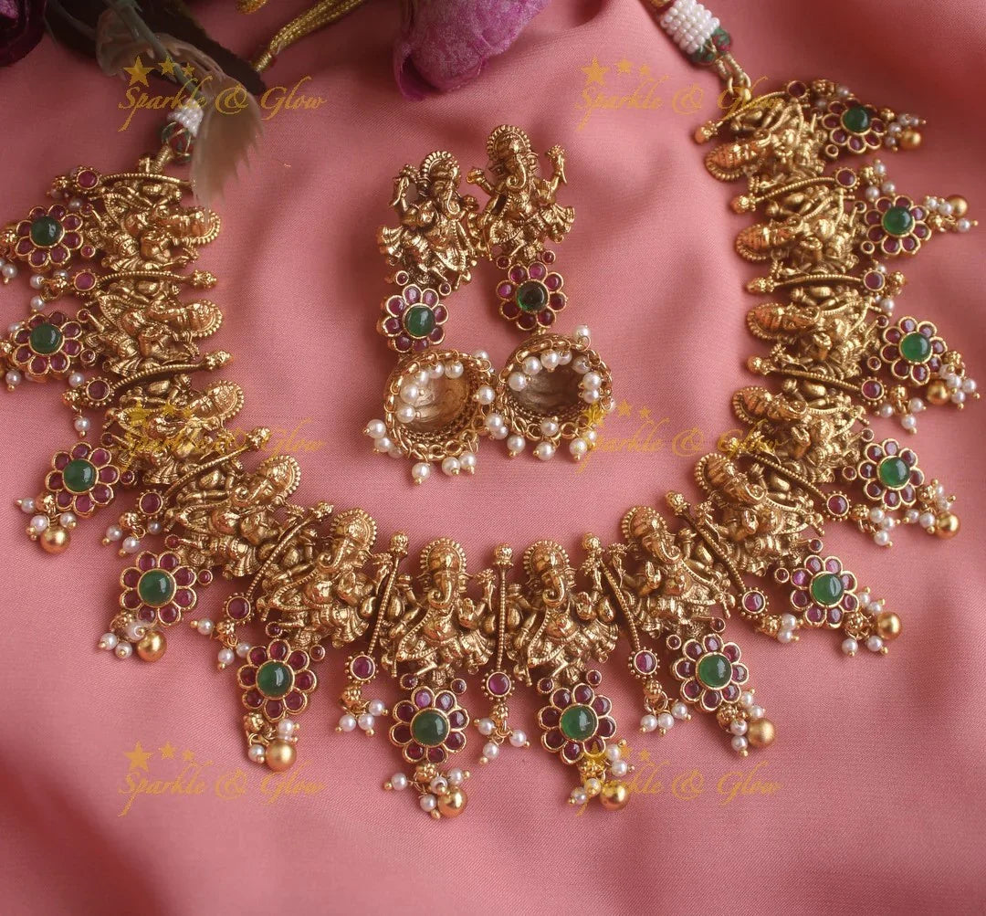 Elegant Idol Ganesha carved Floral bottu short necklace - Sparkle and Glow