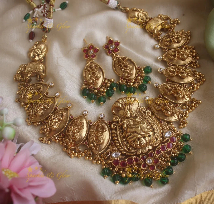Grand Idol Radhakrishna pendant carved Kemp Floral short necklace with Green beads - Sparkle and Glow