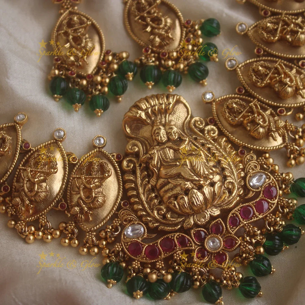Grand Idol Radhakrishna pendant carved Kemp Floral short necklace with Green beads - Sparkle and Glow
