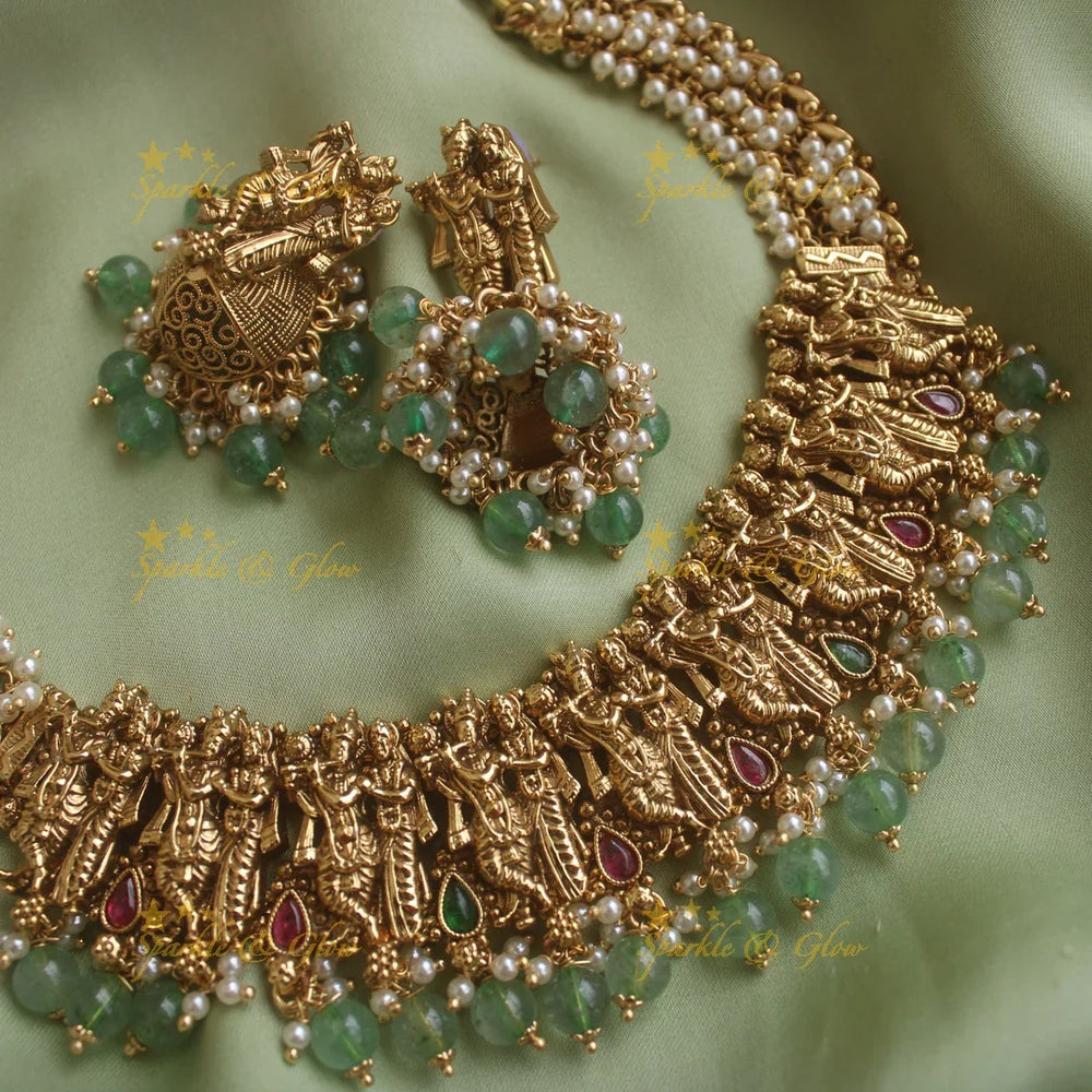 Sparkling Idol Radhakrishna carved Pearl cluster short necklace with mintgreen beads - Sparkle and Glow