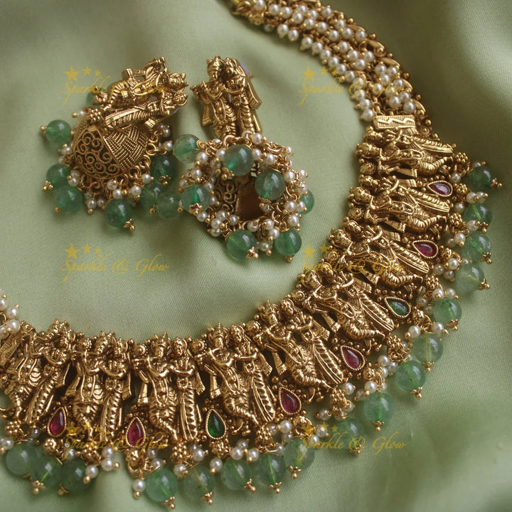 Sparkling Idol Radhakrishna carved Pearl cluster short necklace with mintgreen beads - Sparkle and Glow