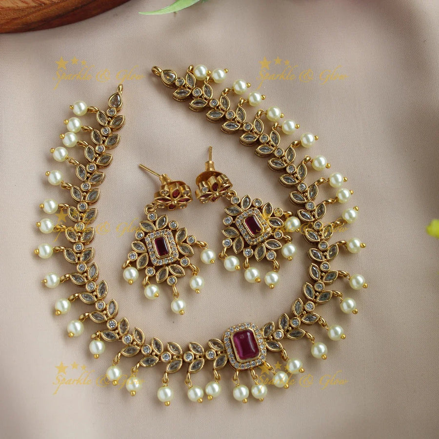 Elegant Leaflet design AD short necklace with ruby and pearl drops - Sparkle and Glow