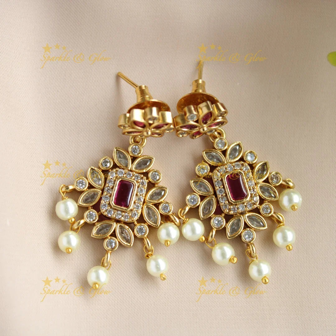 Elegant Leaflet design AD short necklace with ruby and pearl drops - Sparkle and Glow