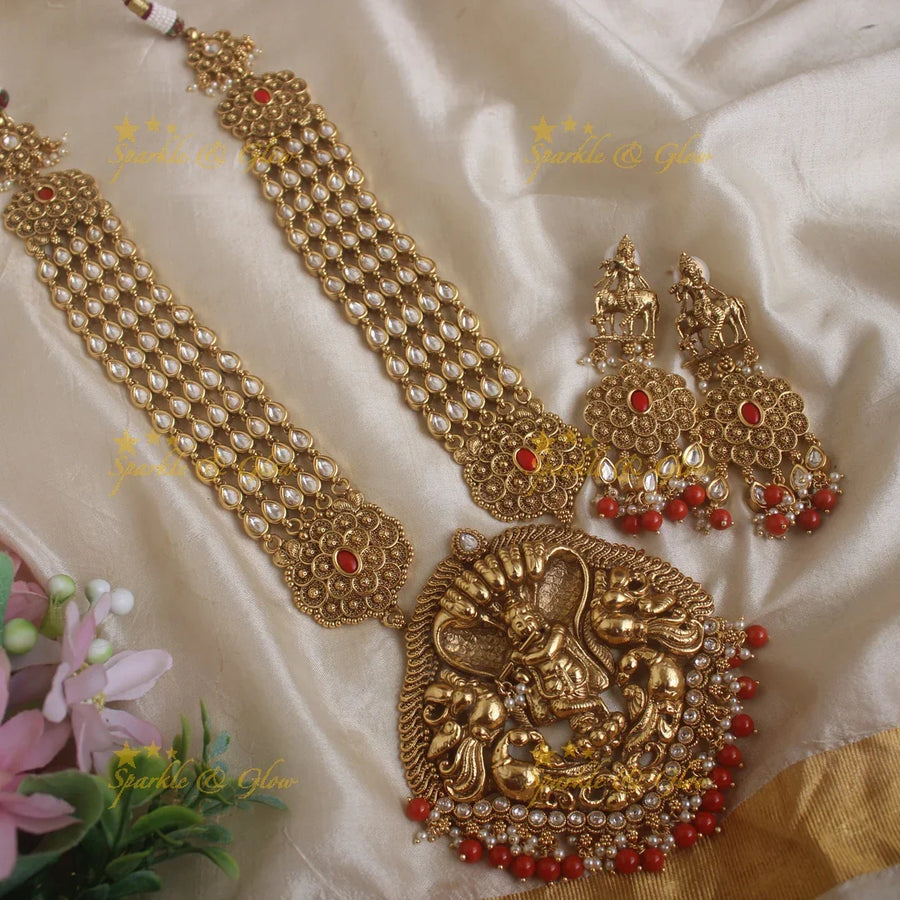 Grand Nagas Idol Krishna Playing Flute pendant carved Kundan Haram with Coral beads - Sparkle and Glow