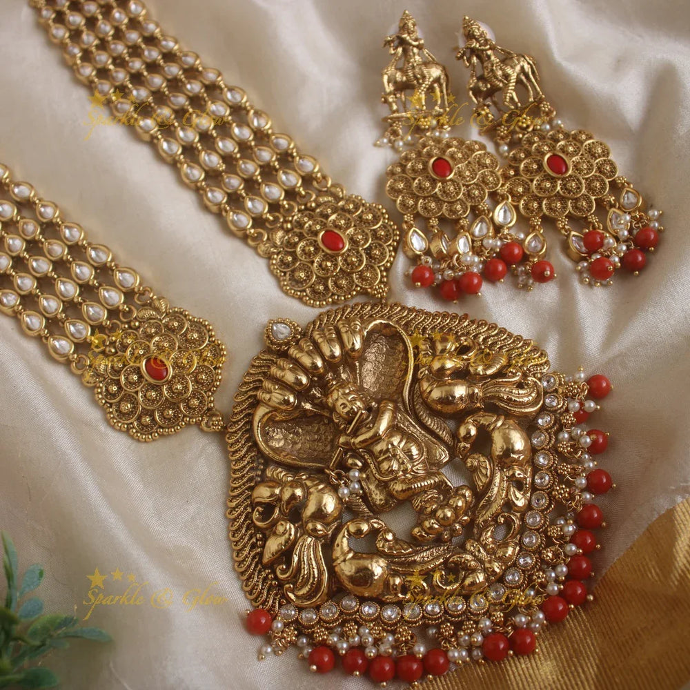 Grand Nagas Idol Krishna Playing Flute pendant carved Kundan Haram with Coral beads - Sparkle and Glow