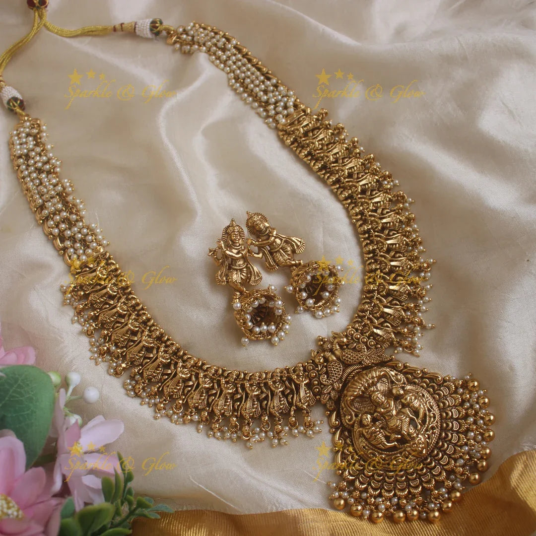 Gracious Idol Krishna Playing Flute pendant carved Pearl cluster Haram - Sparkle and Glow