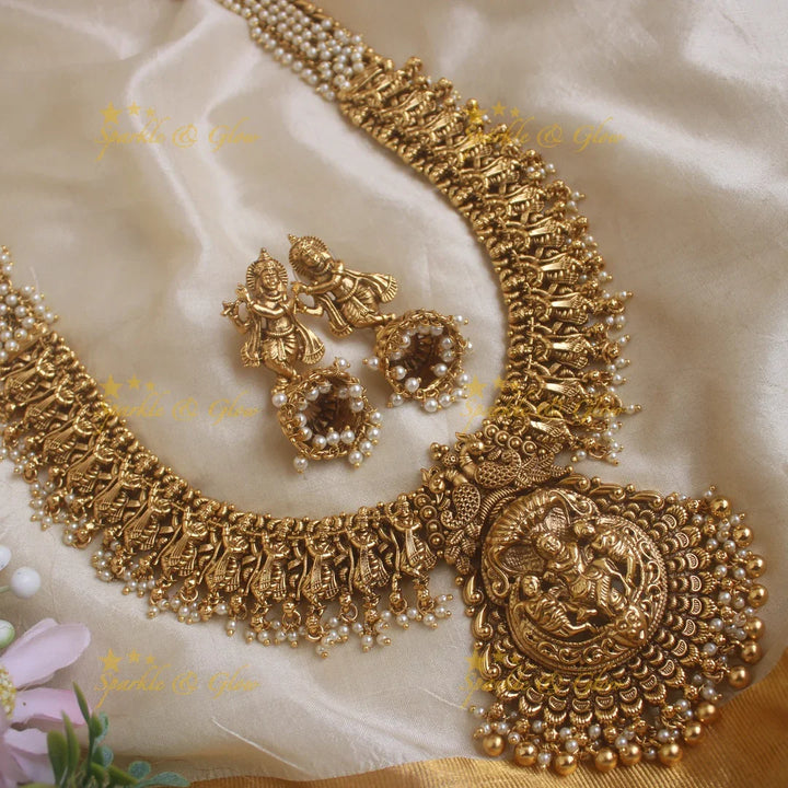 Gracious Idol Krishna Playing Flute pendant carved Pearl cluster Haram - Sparkle and Glow