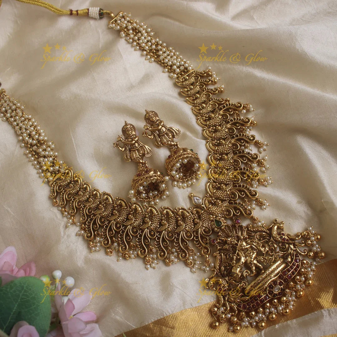 Gran Nagas Idol Krishna Dancing and Playing Flute pendant carved pearl cluster Haram - Sparkle and Glow