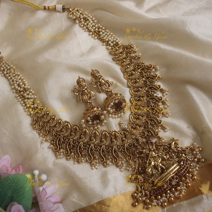 Gran Nagas Idol Krishna Dancing and Playing Flute pendant carved pearl cluster Haram - Sparkle and Glow