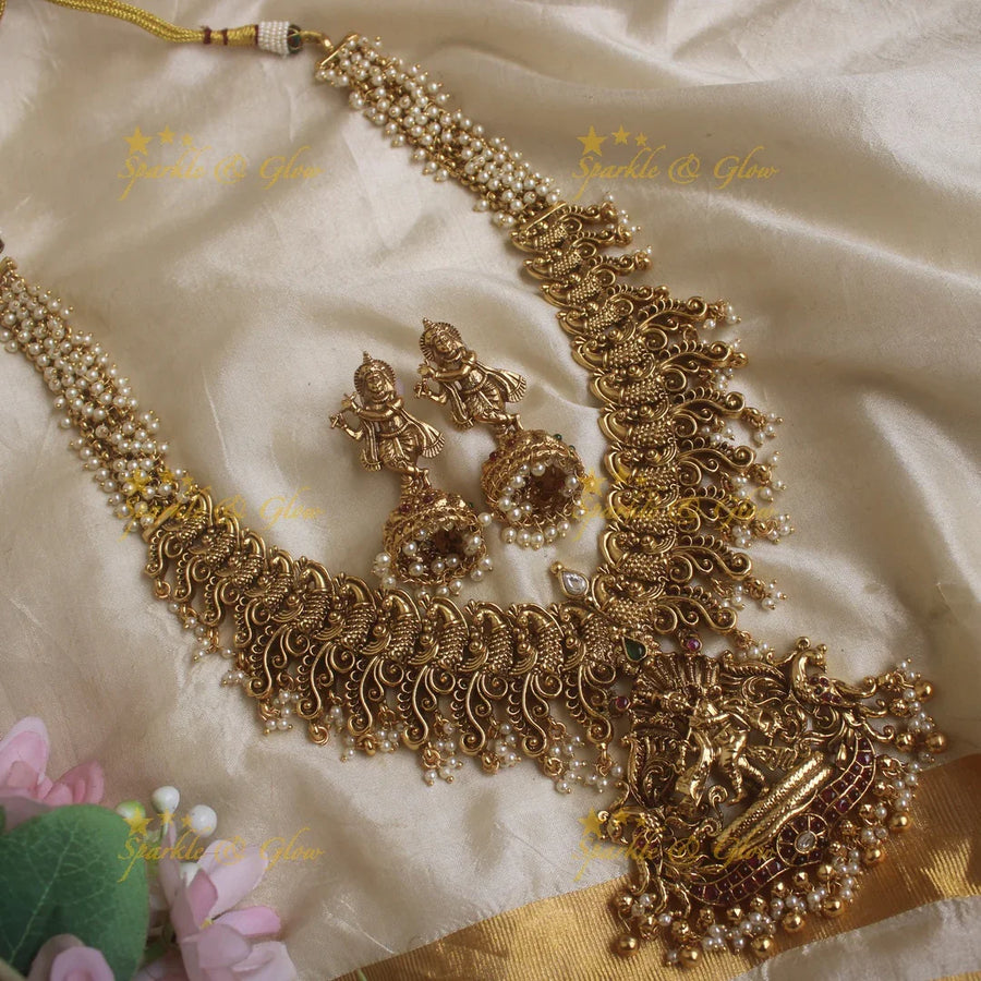 Gran Nagas Idol Krishna Dancing and Playing Flute pendant carved pearl cluster Haram - Sparkle and Glow