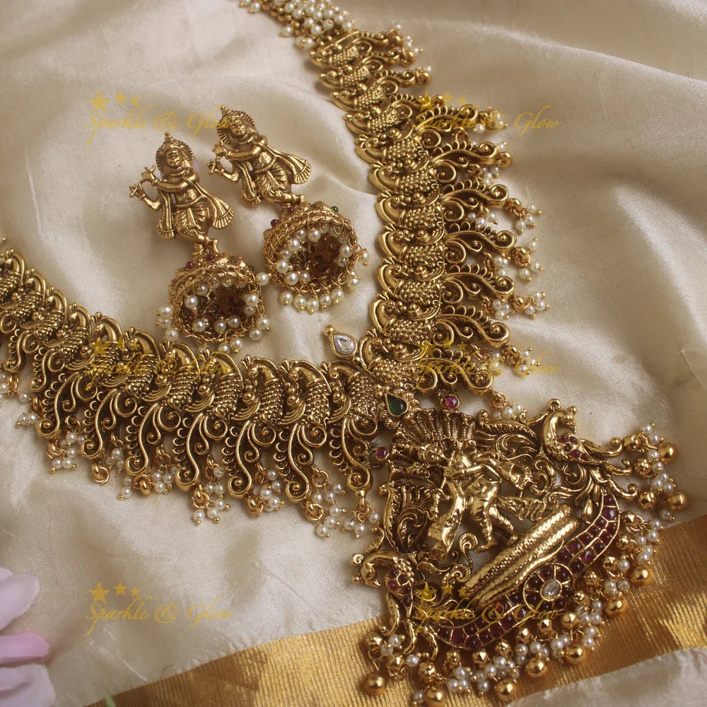 Gran Nagas Idol Krishna Dancing and Playing Flute pendant carved pearl cluster Haram - Sparkle and Glow