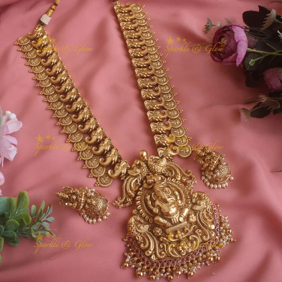 Grand Idol Ganesha peacock pendant carved coin Haram - Sparkle and Glow