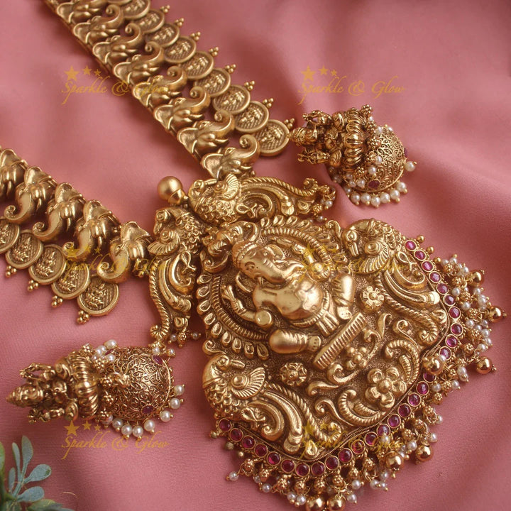 Grand Idol Ganesha peacock pendant carved coin Haram - Sparkle and Glow