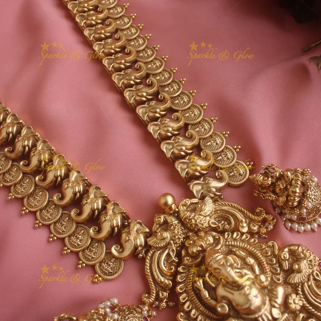 Grand Idol Ganesha peacock pendant carved coin Haram - Sparkle and Glow