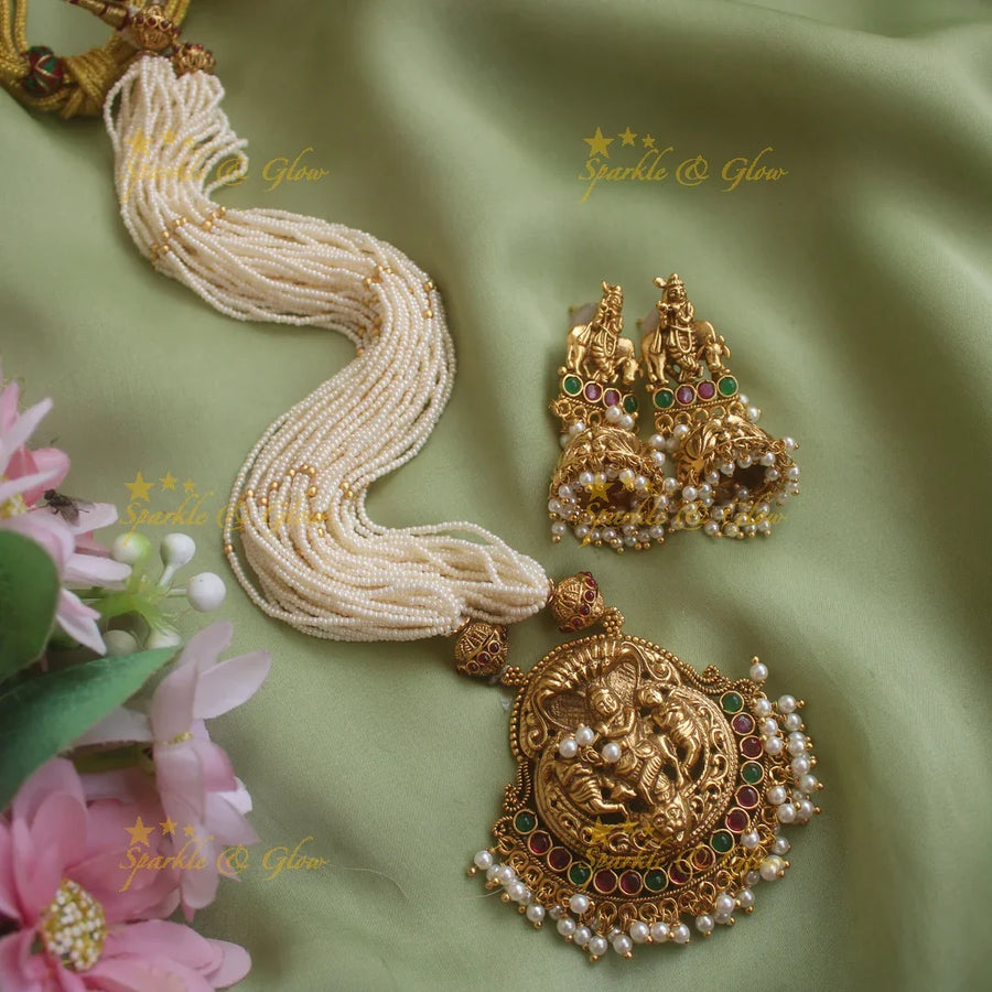 Beautiful Idol Krishna playing flute pendant carved multilayered Pearl haram - Sparkle and Glow