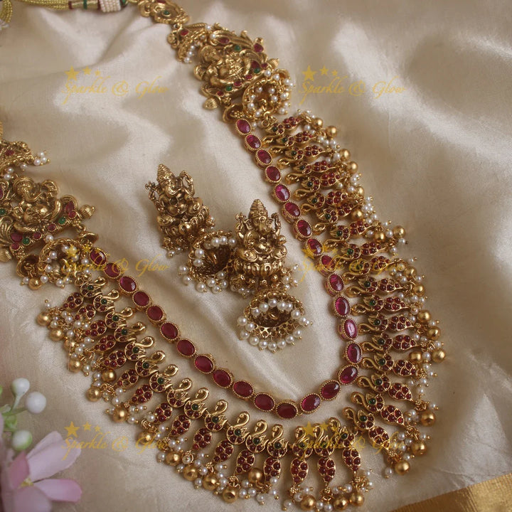 Grand Kemp Swan Mango Layered Idol Ganesha guttapusalu Haram - Sparkle and Glow