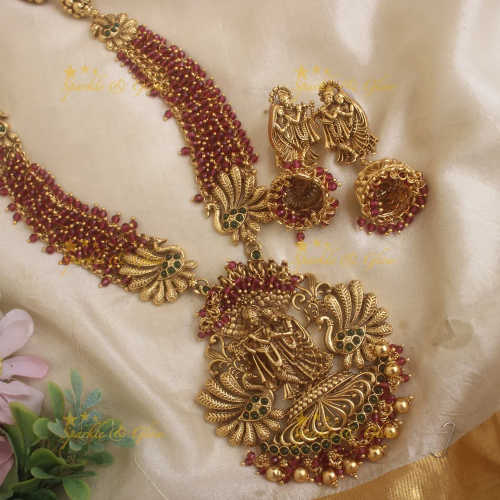 Grand Idol Radhakrishna Peacock design Haram with Red crystal beads - Sparkle and Glow