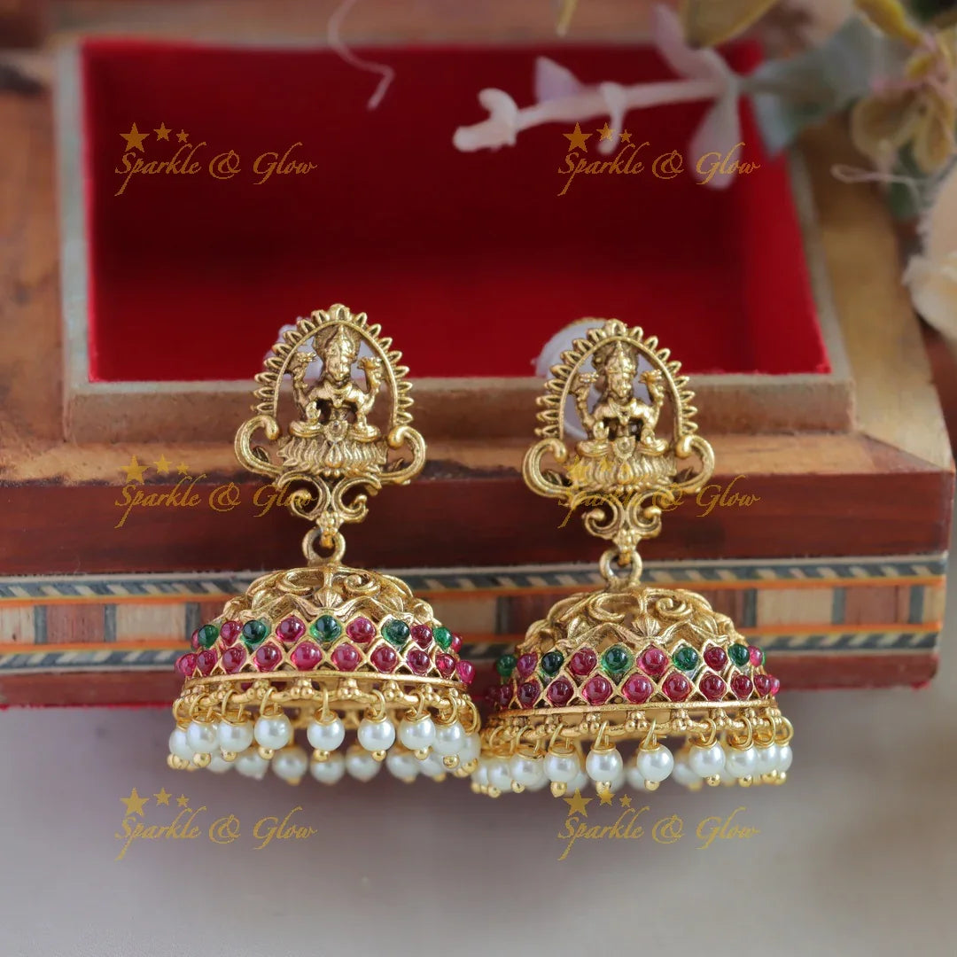 Exclusive Bridal Lakshmi peacock carved layer long necklace with ruby emerald pearls and green beads - Sparkle and Glow