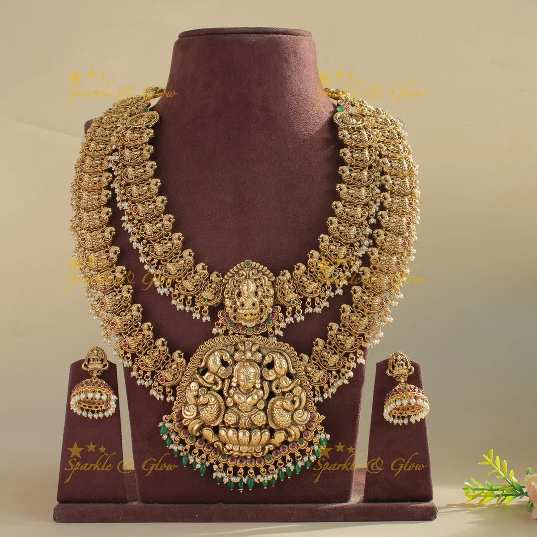 Exclusive Bridal Lakshmi peacock carved layer long necklace with ruby emerald pearls and green beads - Sparkle and Glow