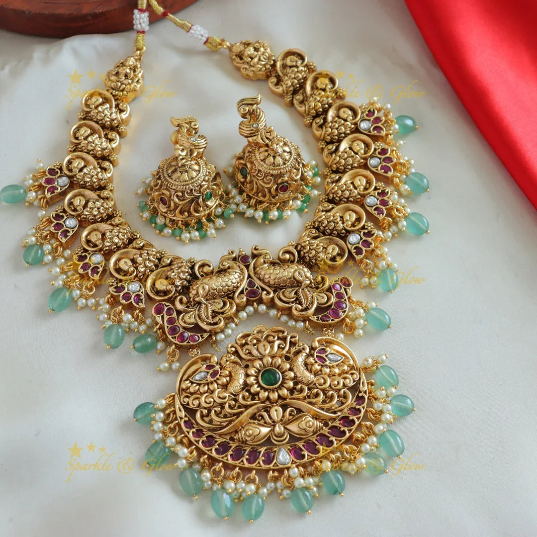 Stunning Peacock carved short necklace with ruby emerald pearls and mint green beads - Sparkle and Glow