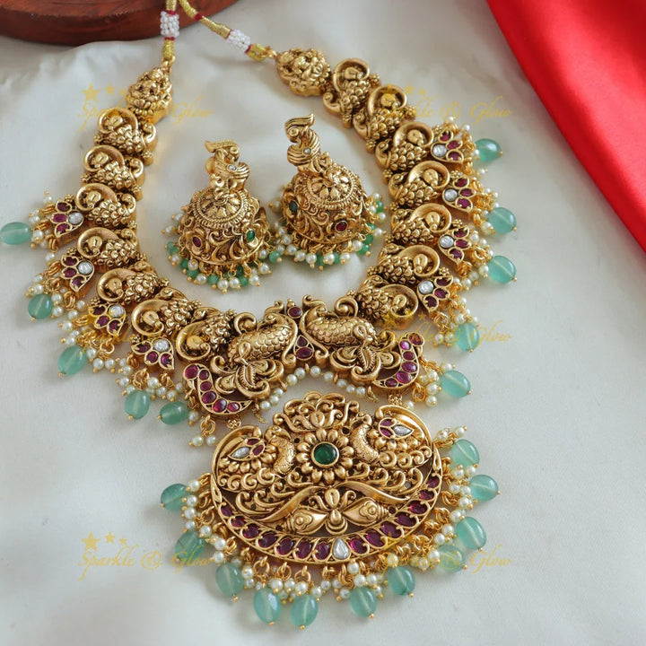 Stunning Peacock carved short necklace with ruby emerald pearls and mint green beads - Sparkle and Glow