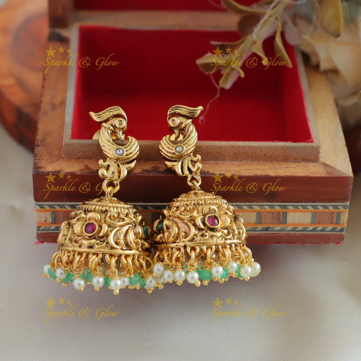 Stunning Peacock carved short necklace with ruby emerald pearls and mint green beads - Sparkle and Glow