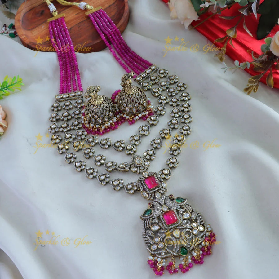 Grand Victorian AD Peacock Floral Layered Haram with pink beads-Purple - Sparkle and Glow