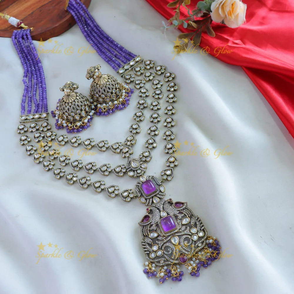 Grand Victorian AD Peacock Floral Layered Haram with pink beads-Purple - Sparkle and Glow