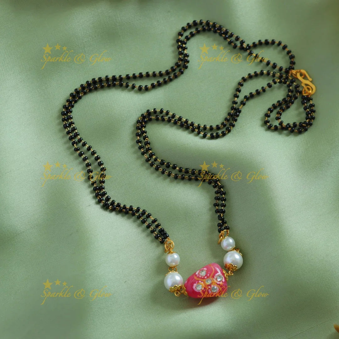 Stunning Beads and pearls pendant two layer black beads chain , mangalsutra - purple - Sparkle and Glow